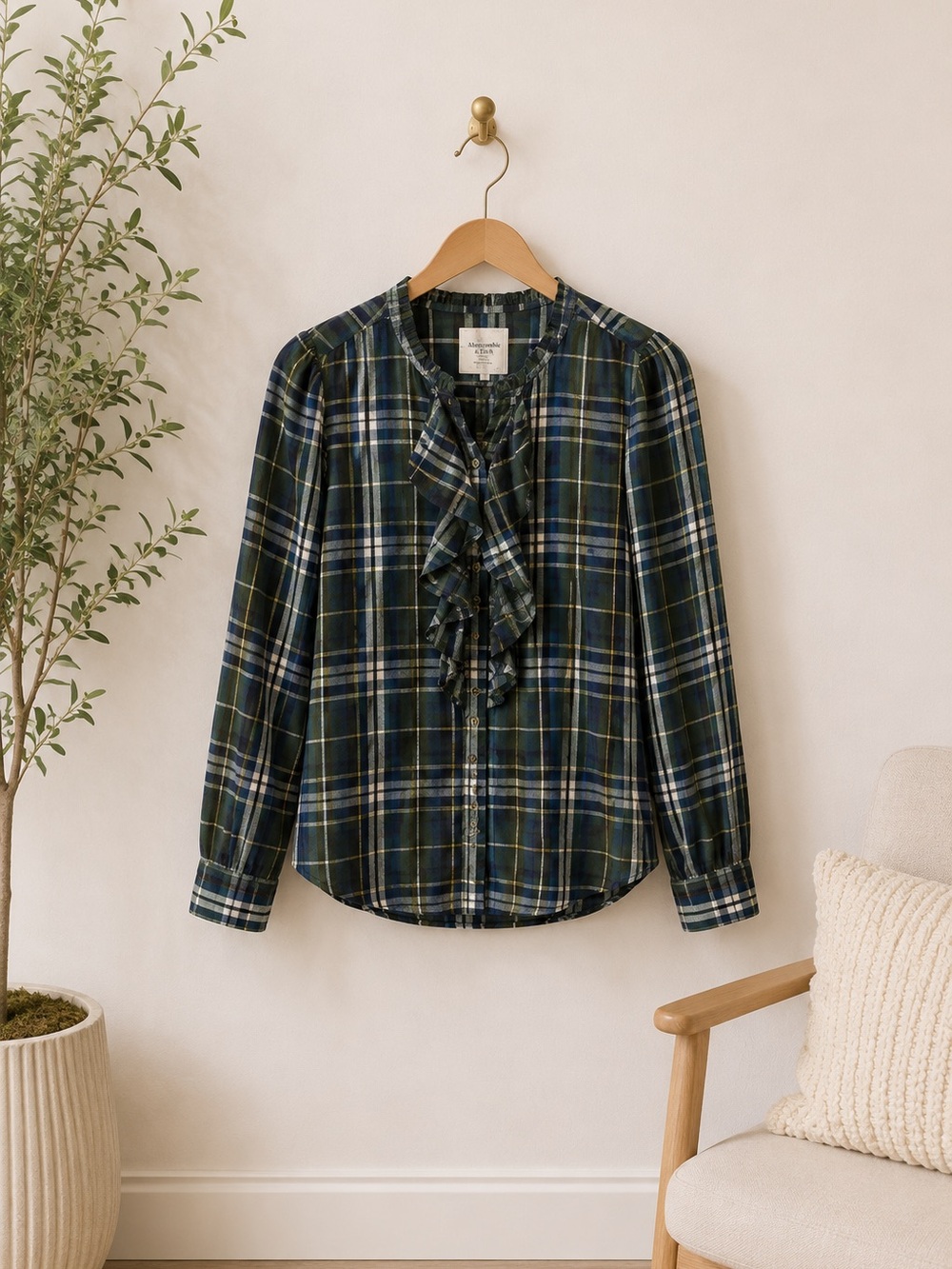 Abercrombie &‎ Fitch Green Plaid Ruffle Button Up Blouse M Western Rodeo Vintage